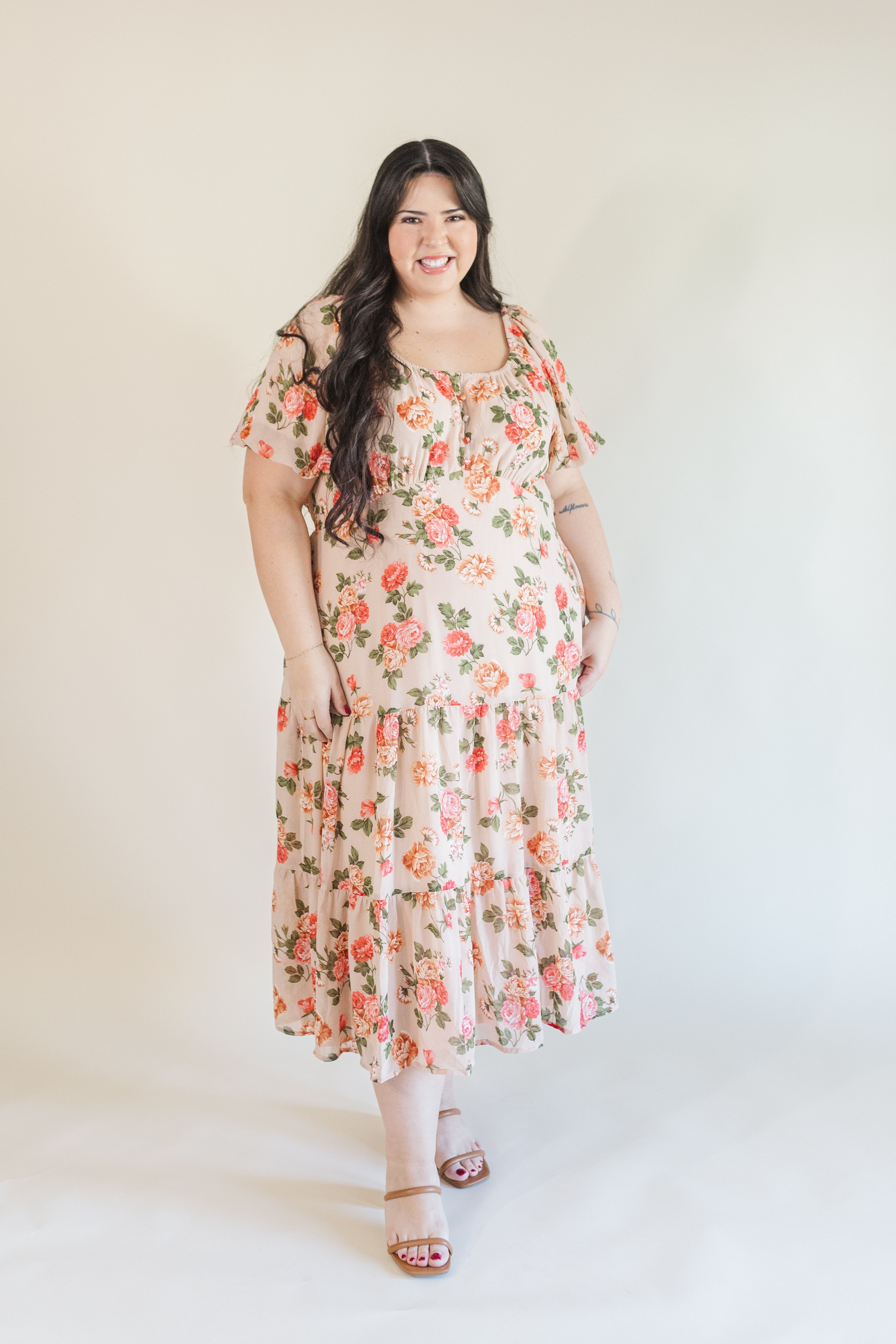 Macy Puff Sleeve Floral Midi Dress in Blush