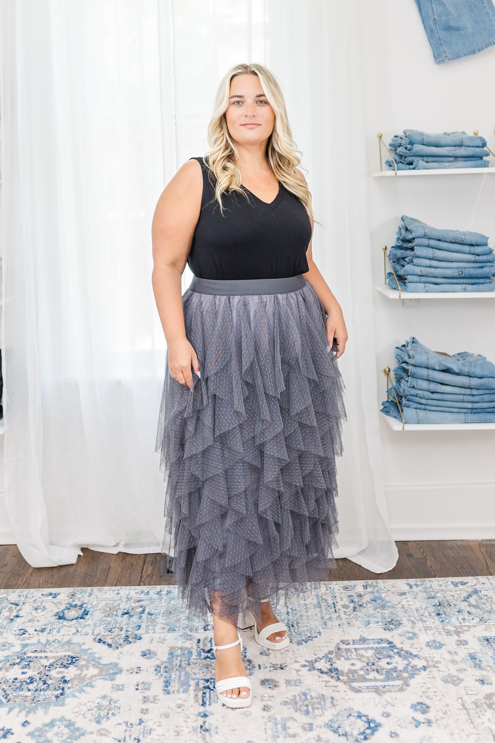 Sabrina Ruffle Trim Mesh Skirt in Grey – Ari + Ava