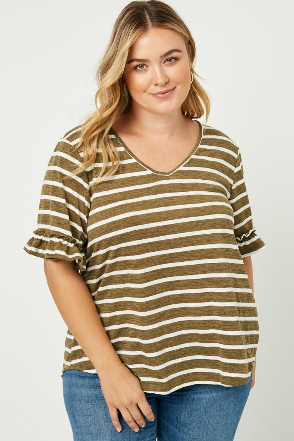 Belle Striped V-Neck Short Sleeve Ruffle Tee in Olive