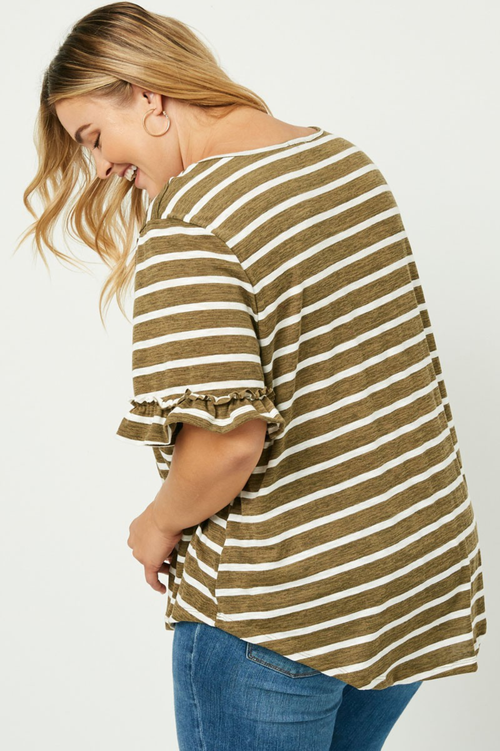 Belle Striped V-Neck Short Sleeve Ruffle Tee in Olive