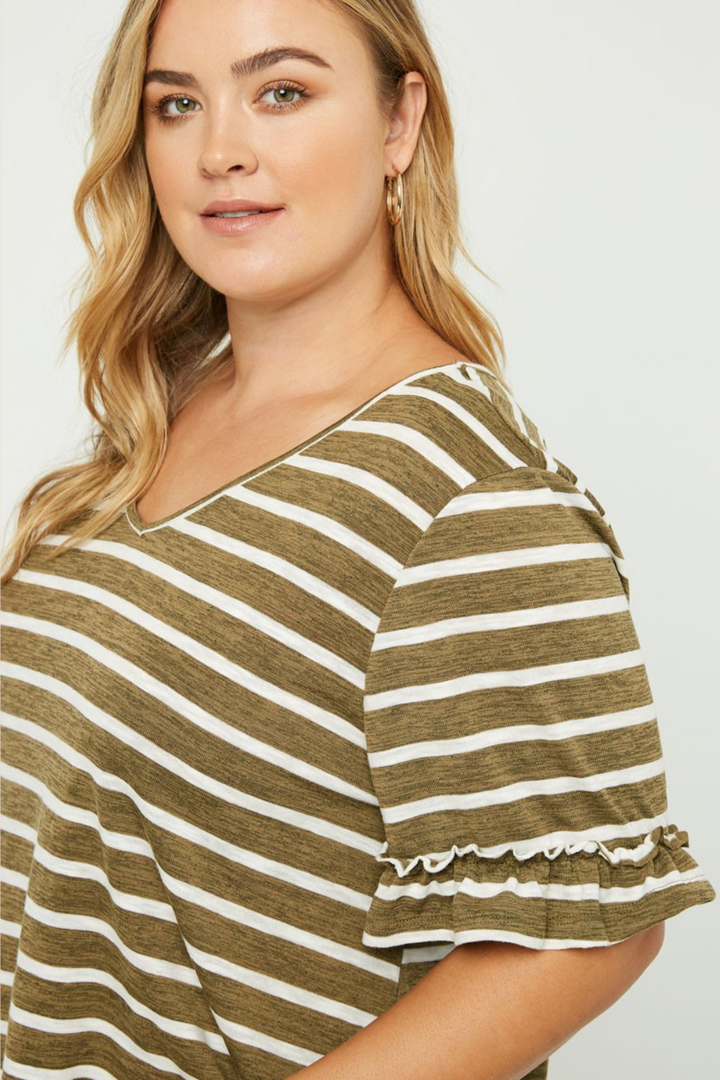 Belle Striped V-Neck Short Sleeve Ruffle Tee in Olive