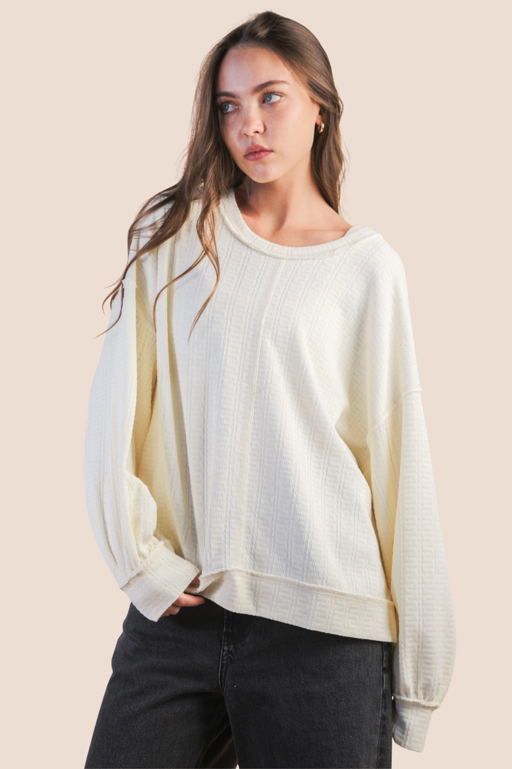 Grace Raw Edge Detail Oversized Textured Knit Long Sleeve Top