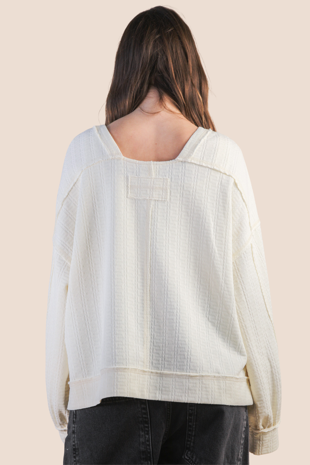 Grace Raw Edge Detail Oversized Textured Knit Long Sleeve Top