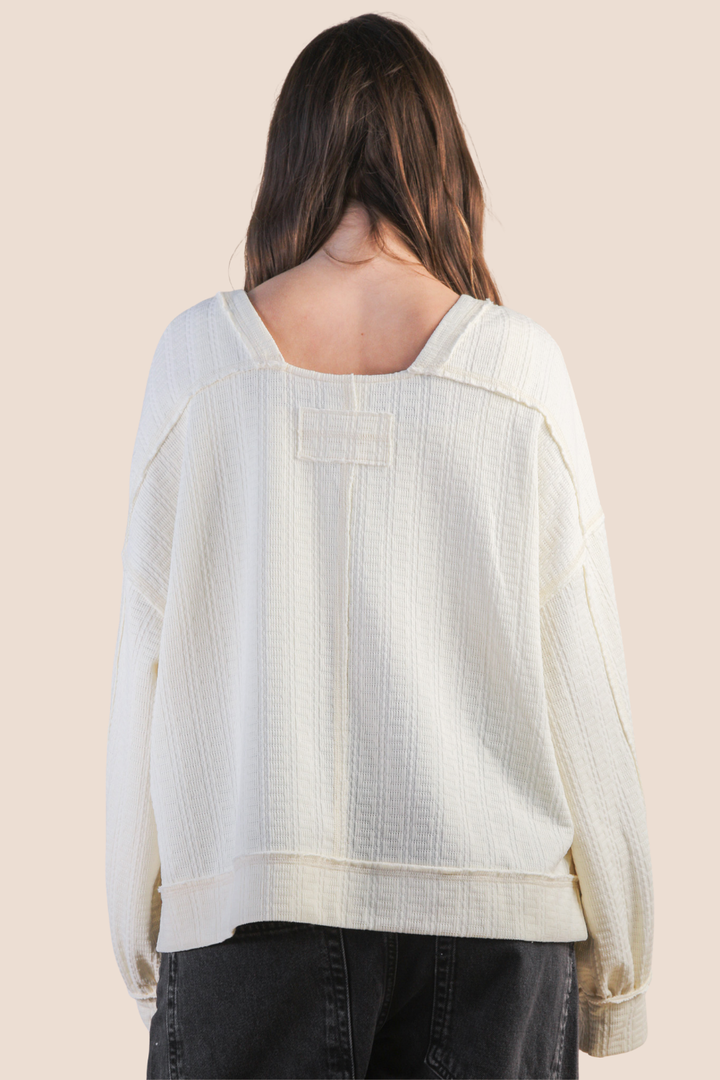 Grace Raw Edge Detail Oversized Textured Knit Long Sleeve Top