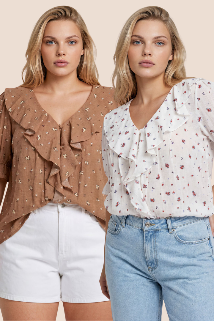 Charlene Floral Ruffled V-Neck Short Sleeve Top