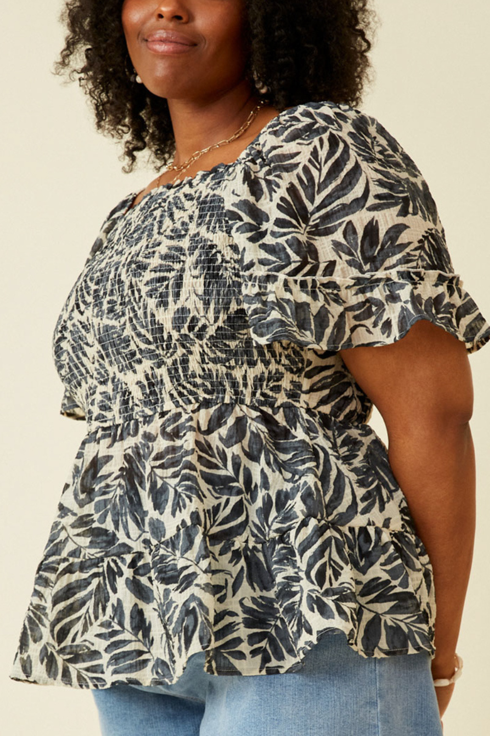 Joyce Botanical Print Smocked Square Neck Peplum Top in Ivory Mix
