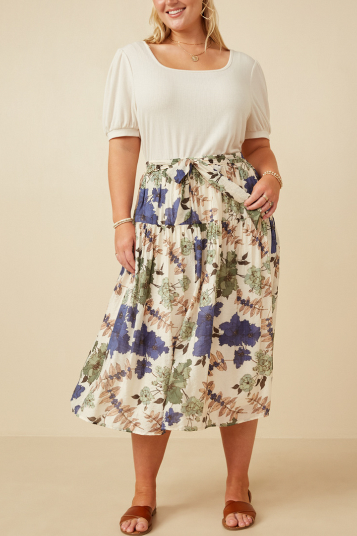 Jeanne Textured Floral Tie Waist Maxi Skirt in Blue Mix