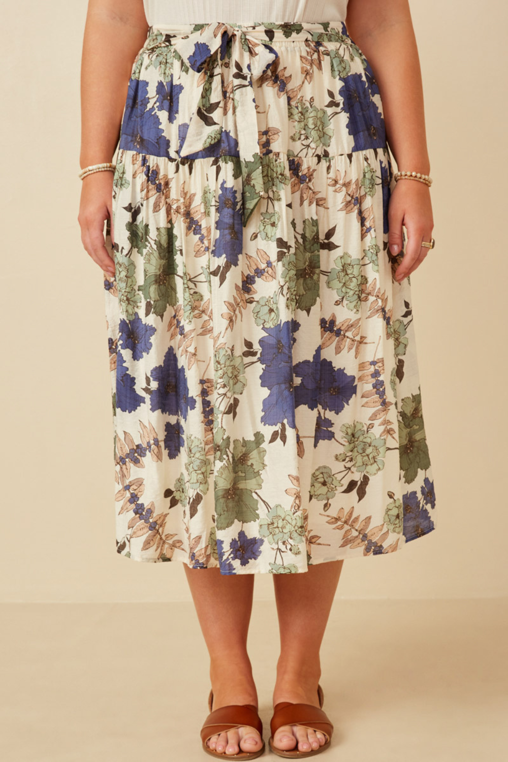 Jeanne Textured Floral Tie Waist Maxi Skirt in Blue Mix