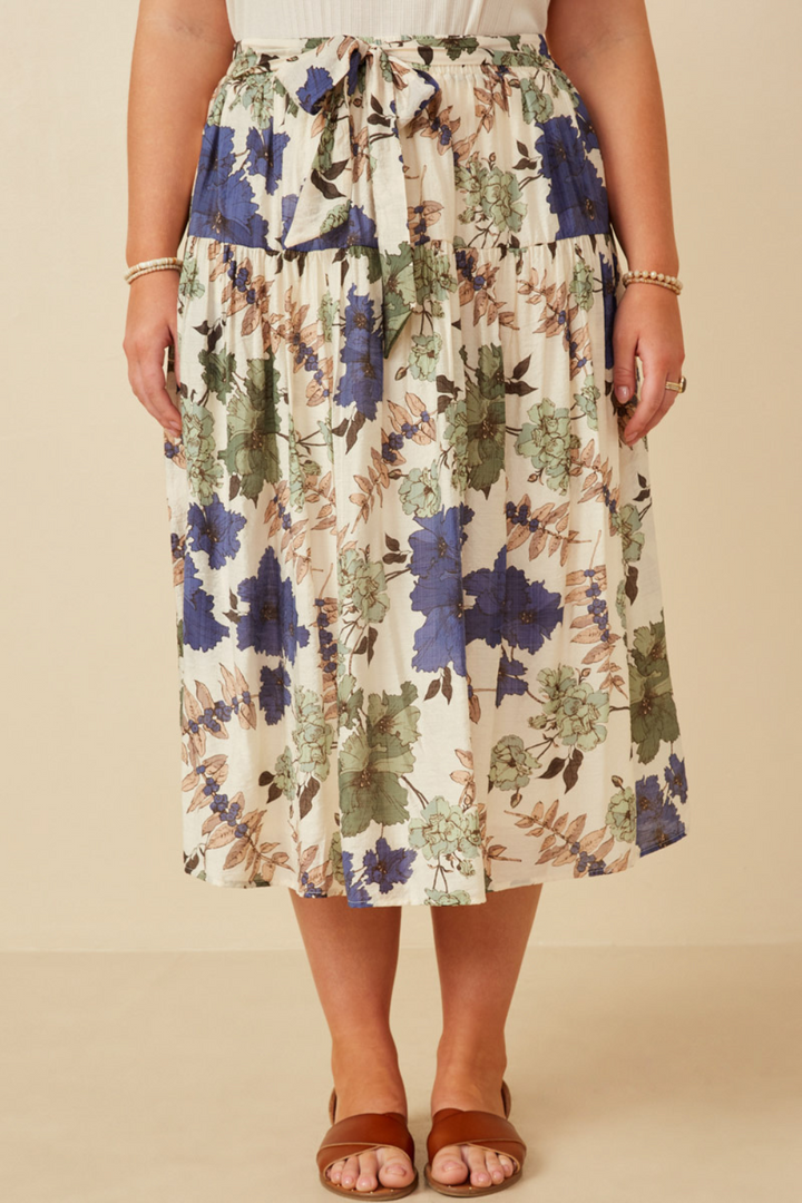 Jeanne Textured Floral Tie Waist Maxi Skirt in Blue Mix