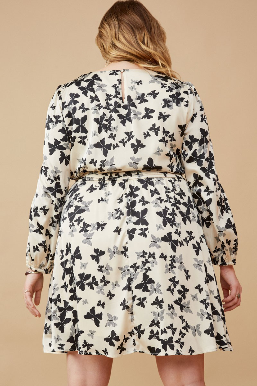Denise Butterfly Print Smocked Satin Long Sleeve Dress in Cream