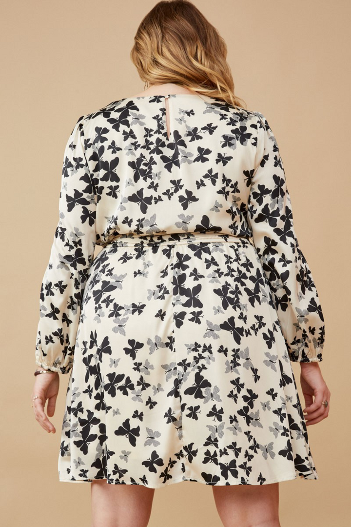 Denise Butterfly Print Smocked Satin Long Sleeve Dress in Cream