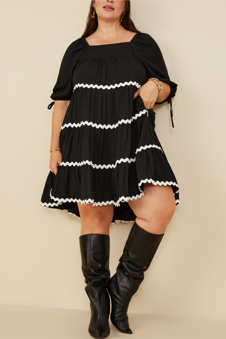 Carmen Wavy Twill Trimmed Square Neck Dress