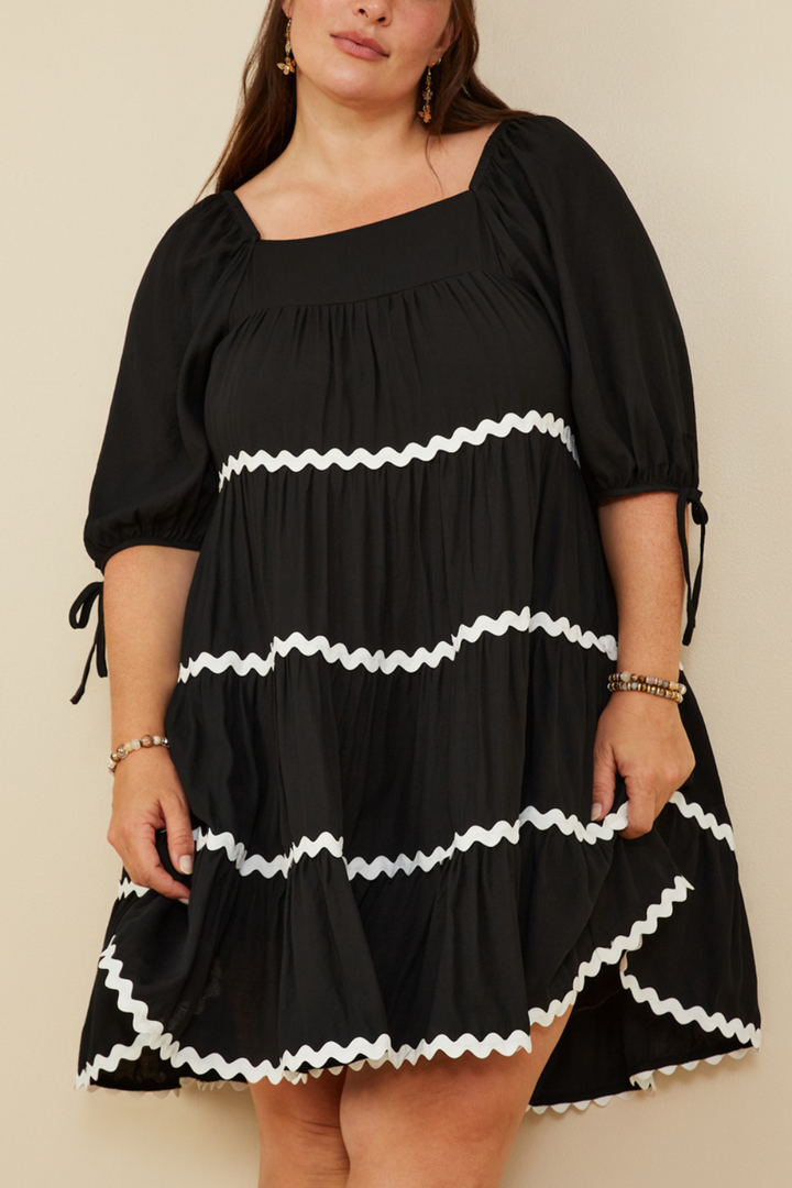 Carmen Wavy Twill Trimmed Square Neck Dress
