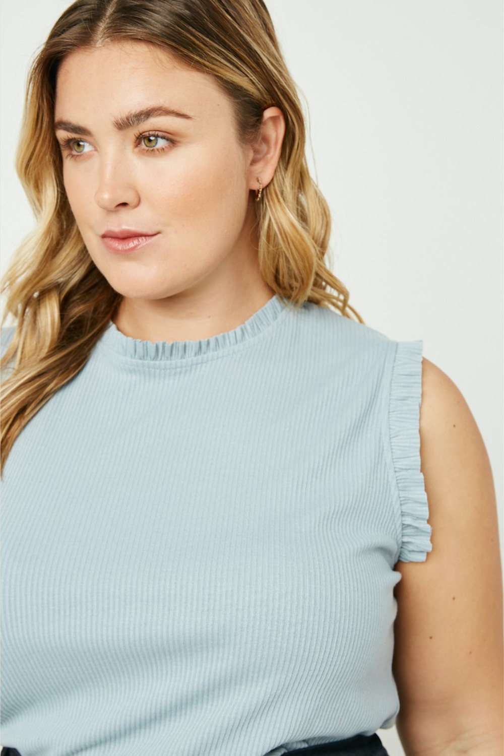 Ember Ribbed Ruffle Trim Knit Tank in Blue