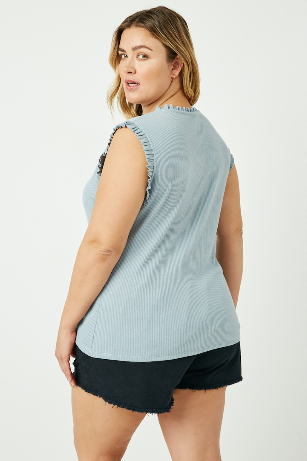 Ember Ribbed Ruffle Trim Knit Tank in Blue