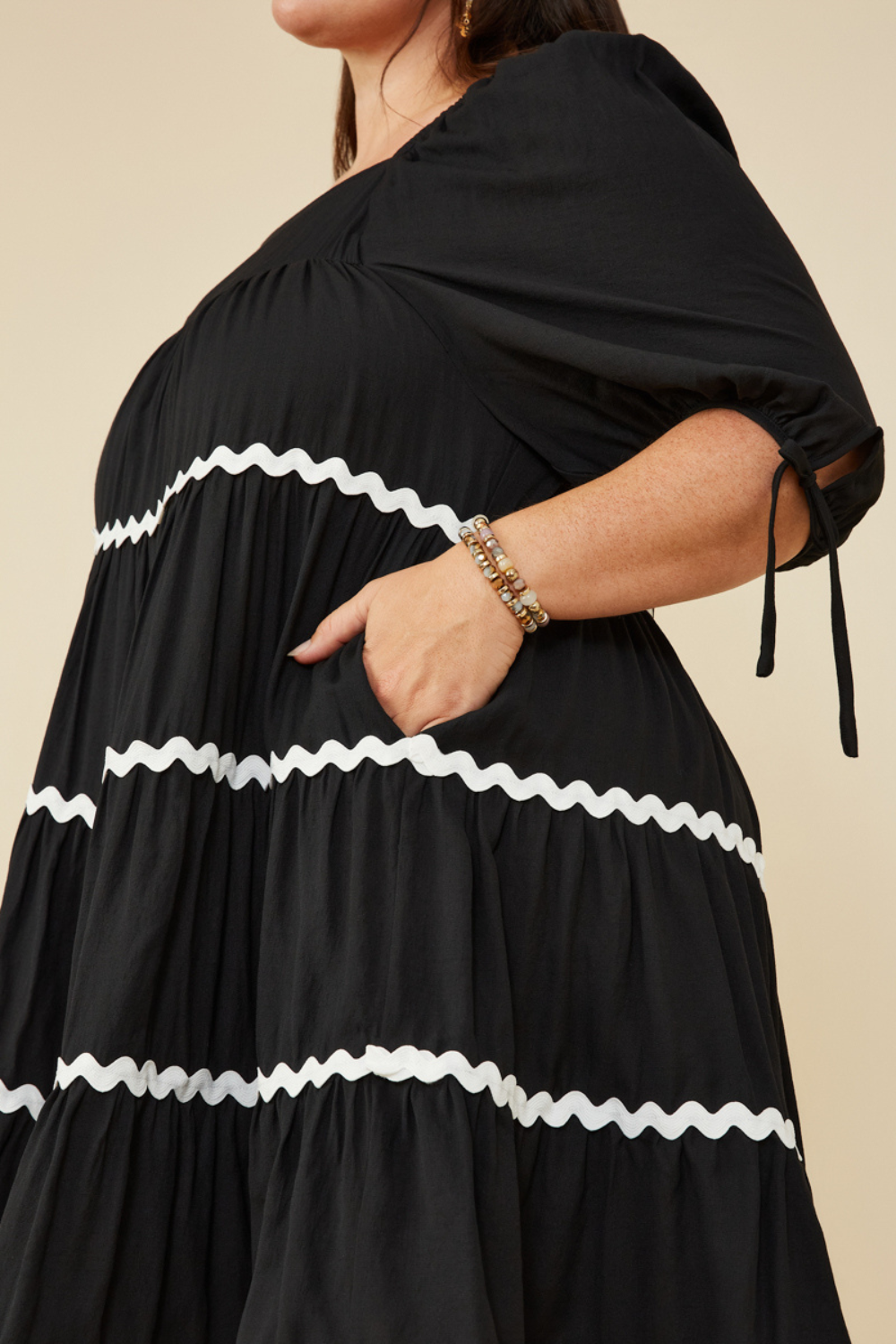 Carmen Wavy Twill Trimmed Square Neck Dress