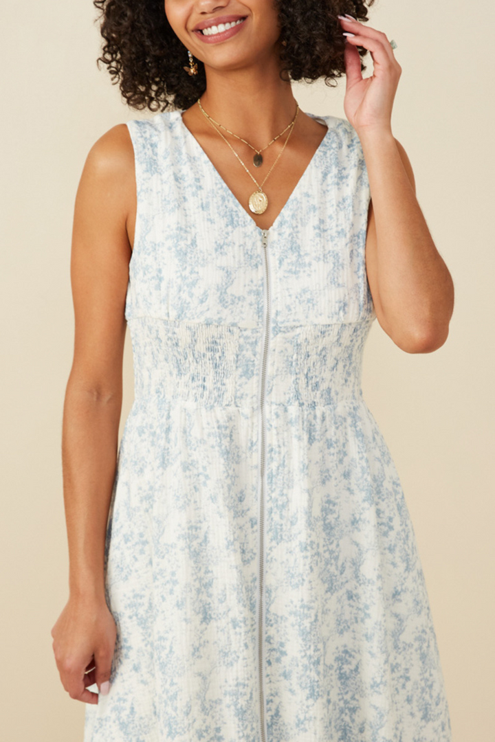 Martha Floral Print Smocked Waist Midi Dress in Light Blue