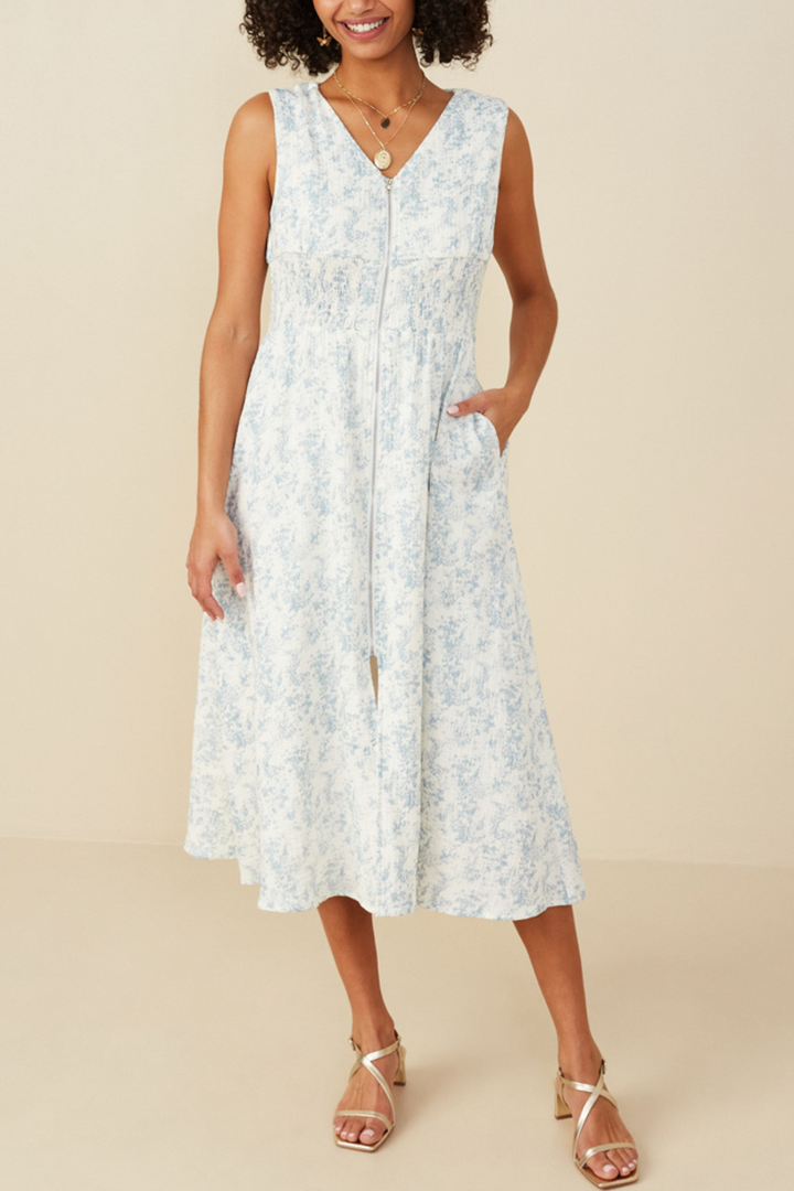 Martha Floral Print Smocked Waist Midi Dress in Light Blue