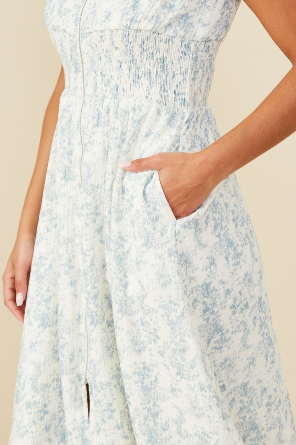 Martha Floral Print Smocked Waist Midi Dress in Light Blue