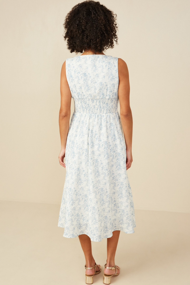 Martha Floral Print Smocked Waist Midi Dress in Light Blue