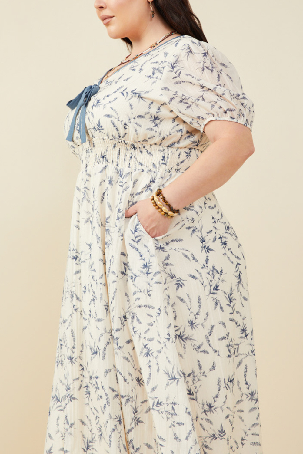 maxine midi dress Maxine Bow Detail Smocked Waist Floral Midi Dress in Blue