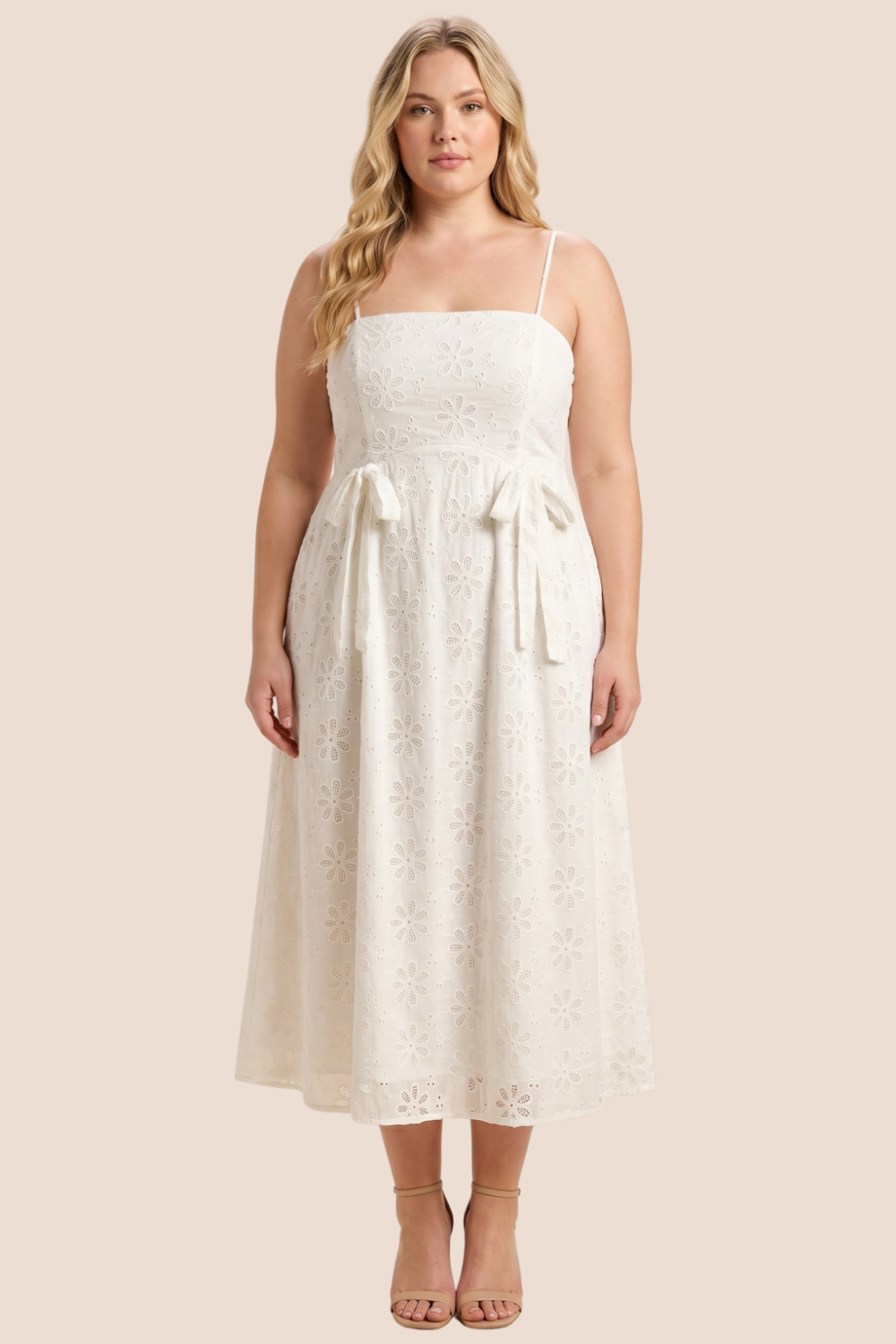 Leighton Floral Eyelet Ribbon Detail Sleeveless Midi Dress