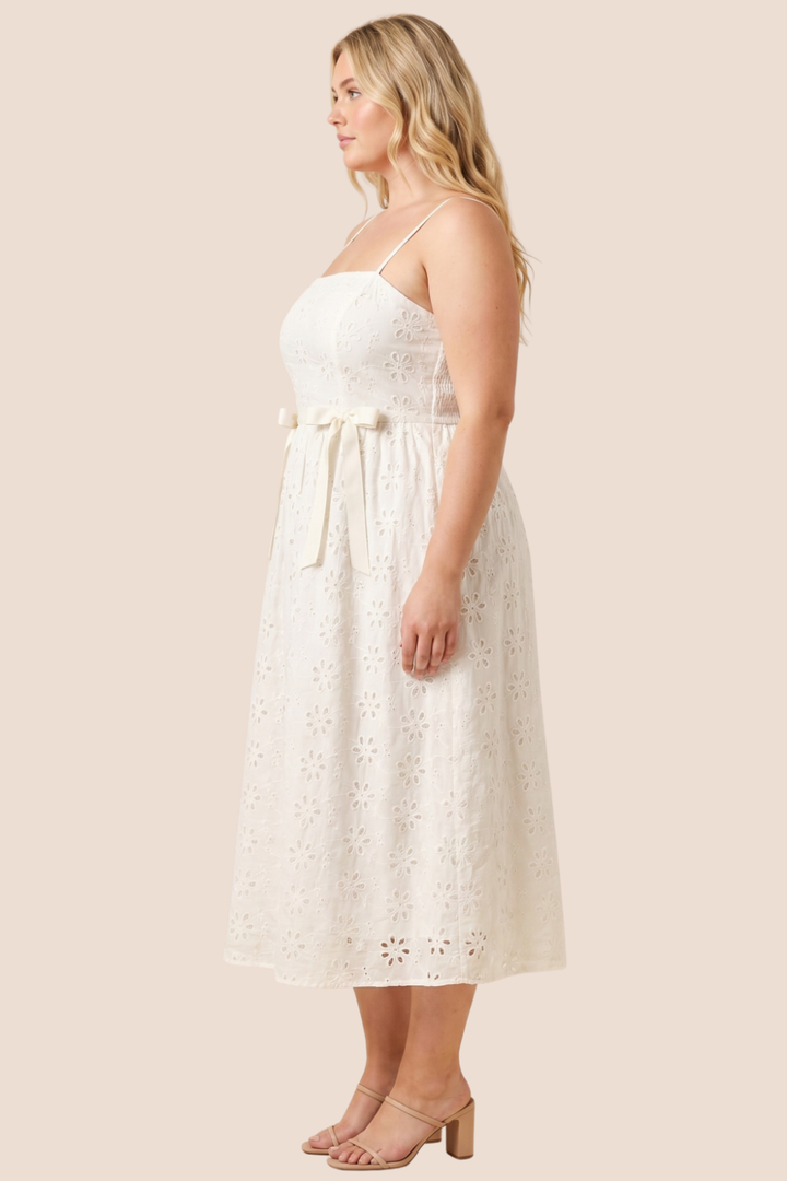 Leighton Floral Eyelet Ribbon Detail Sleeveless Midi Dress