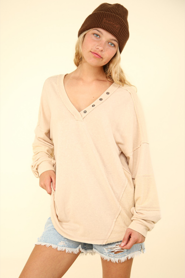 Margot Washed Knit V-Neck Oversized Top in Beige (Online Exclusive)