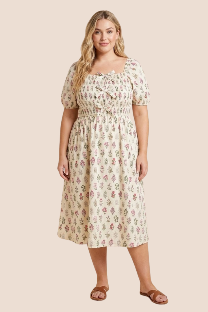 Maisie Block Print Bow Detailed Smocked Midi Dress