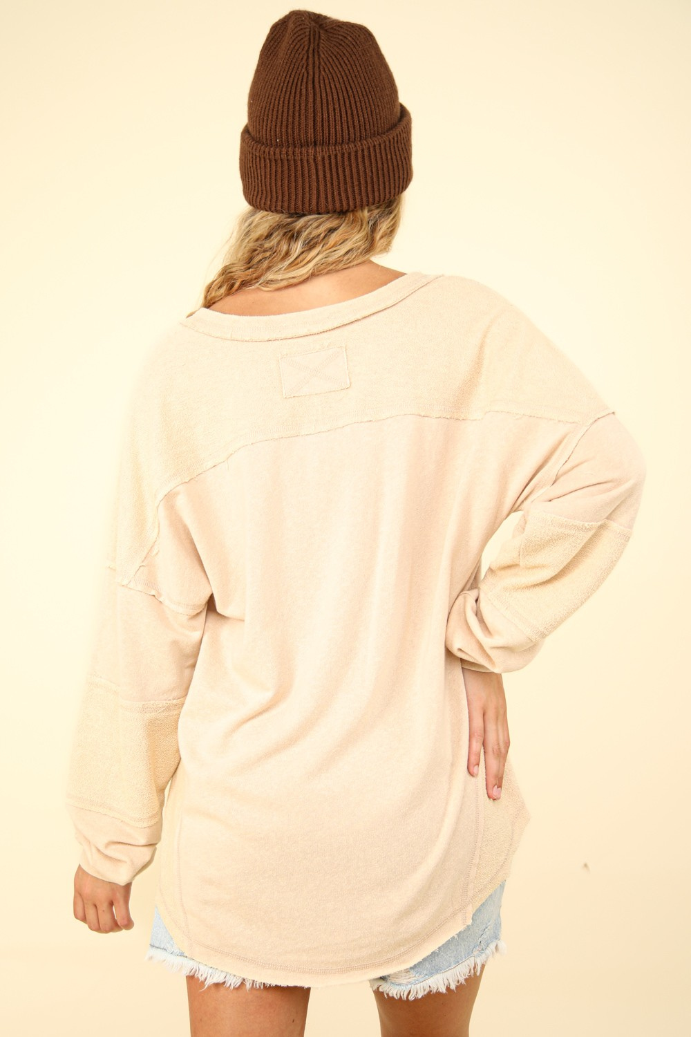 Margot Washed Knit V-Neck Oversized Top in Beige (Online Exclusive)
