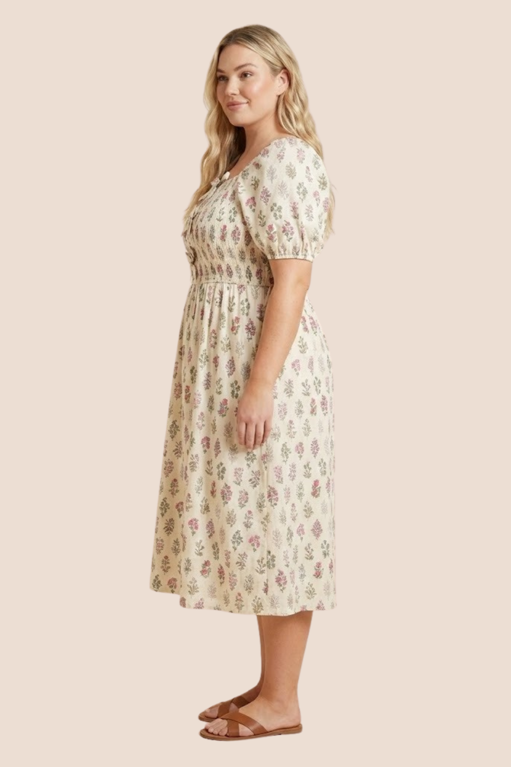 Maisie Block Print Bow Detailed Smocked Midi Dress