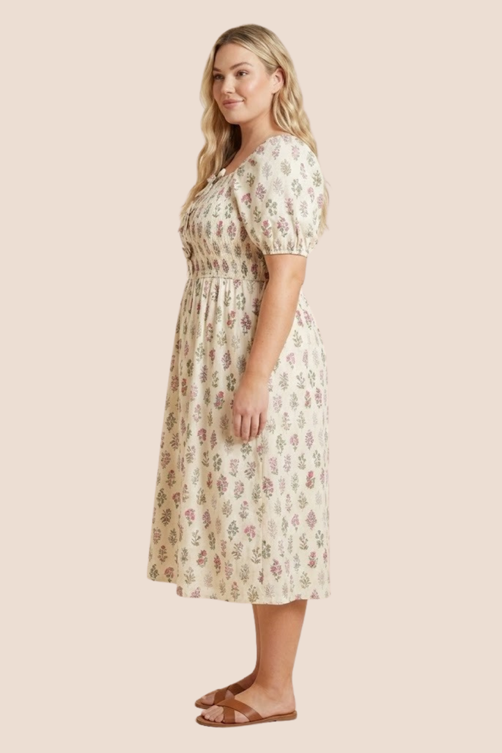 Maisie Block Print Bow Detailed Smocked Midi Dress
