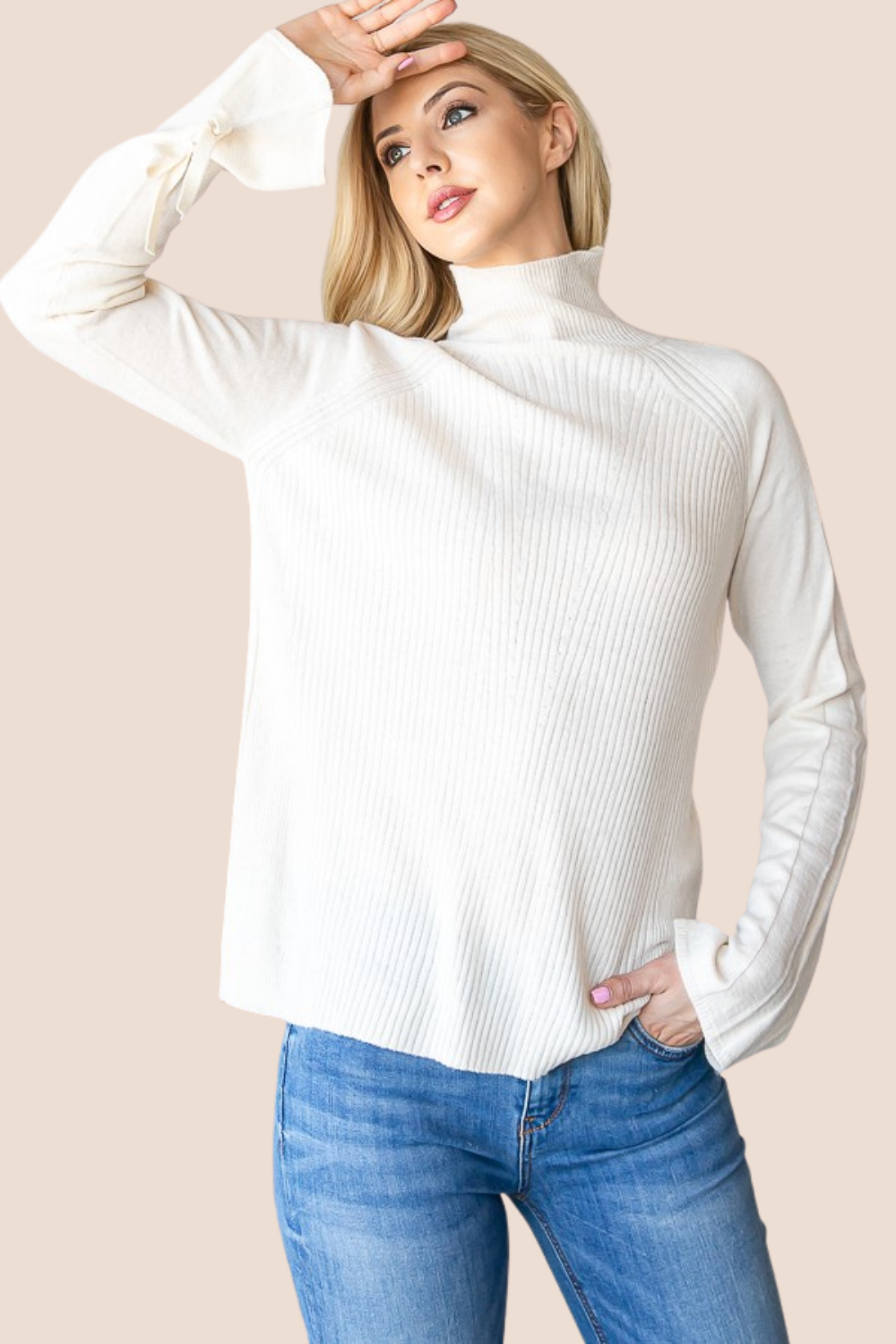 Lana Long Sleeve Turtle Neck Top with Bow Sleeve Detail