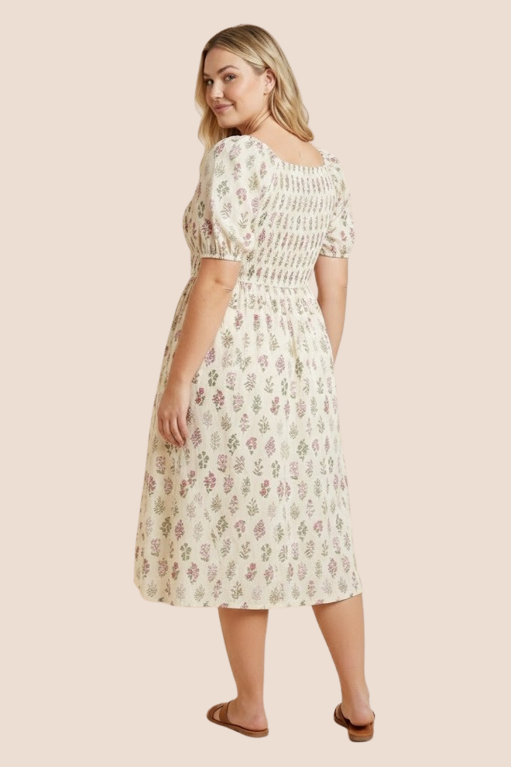 Maisie Block Print Bow Detailed Smocked Midi Dress