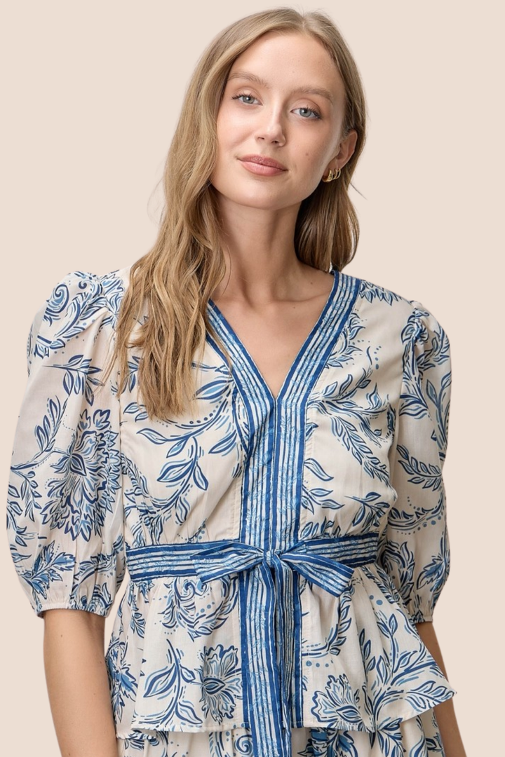 Shiloh Paisley Printed V-Neck Tie Front Peplum Top