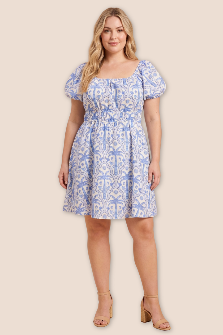 Pearl Palm Tropical Puff Sleeve Dress