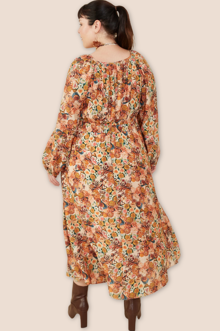 Mina Floral Fruit Print Gathered Waist Midi Dress