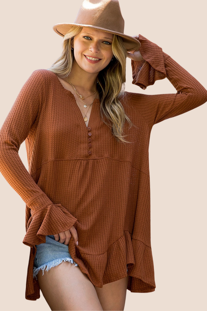 Collins Waffle Flare Long Sleeve Top