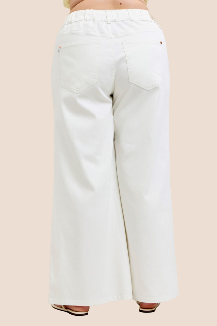 Saylor High Waisted Elastic Waistband White Palazzo Judy Blue Jeans