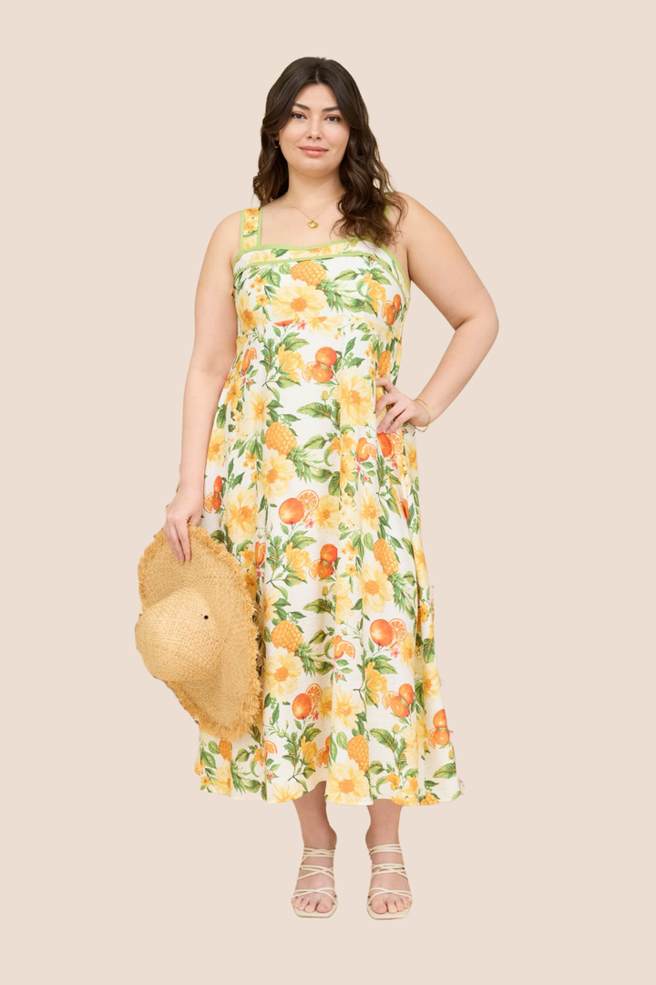 Morgan Floral and Fruit Pattern Sleeveless Midi Dress