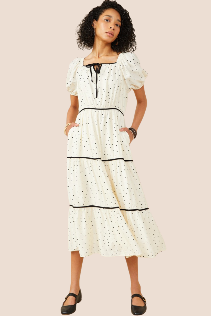 Delaney Tiered Polka Dot Midi Dress
