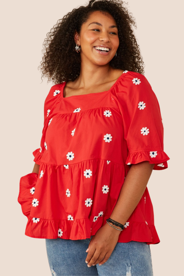 Harley All Over Daisy Embroidered Square Neck Top