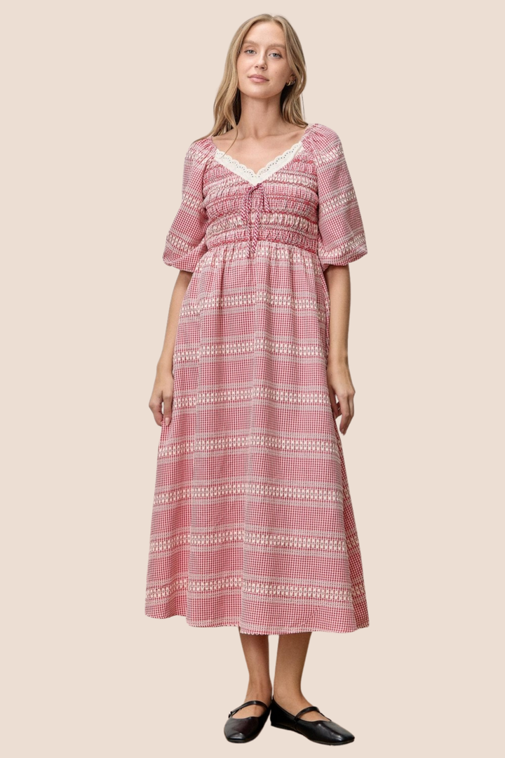 Harmony Eyelet Trim V-Neck Short Sleeve Midi Dress