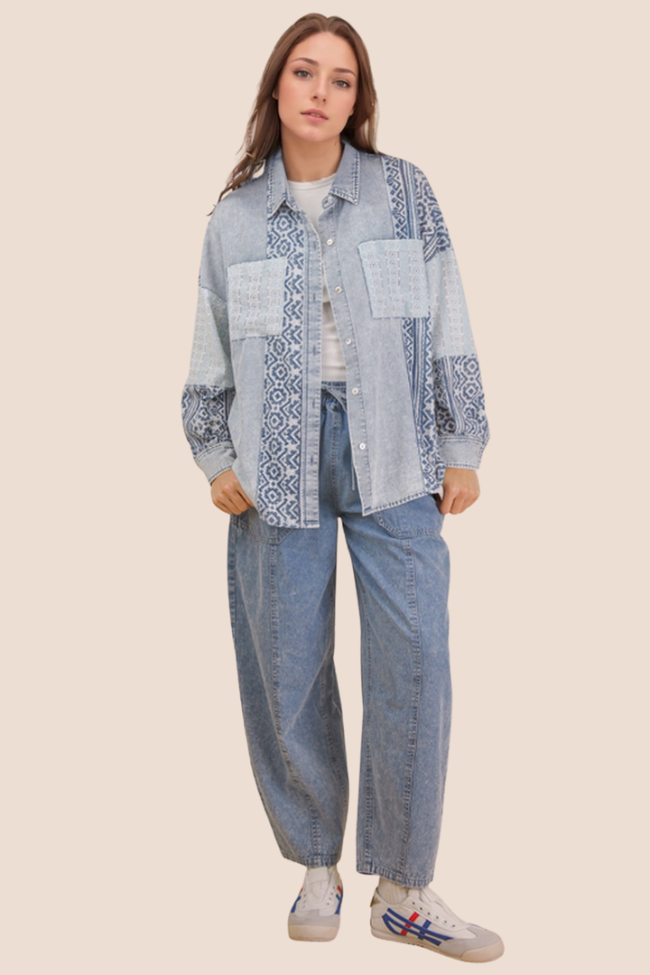 Harper Oversized Long Sleeve Denim Top with Patchwork Detailing