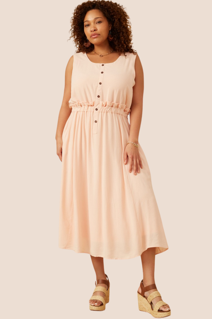 Amora Ruffle Waist Button Front Midi Dress