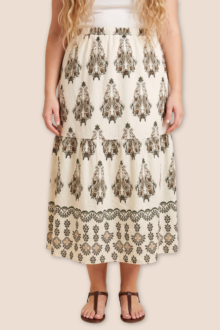 Miley Paisley Medallion Border Print Midi Skirt