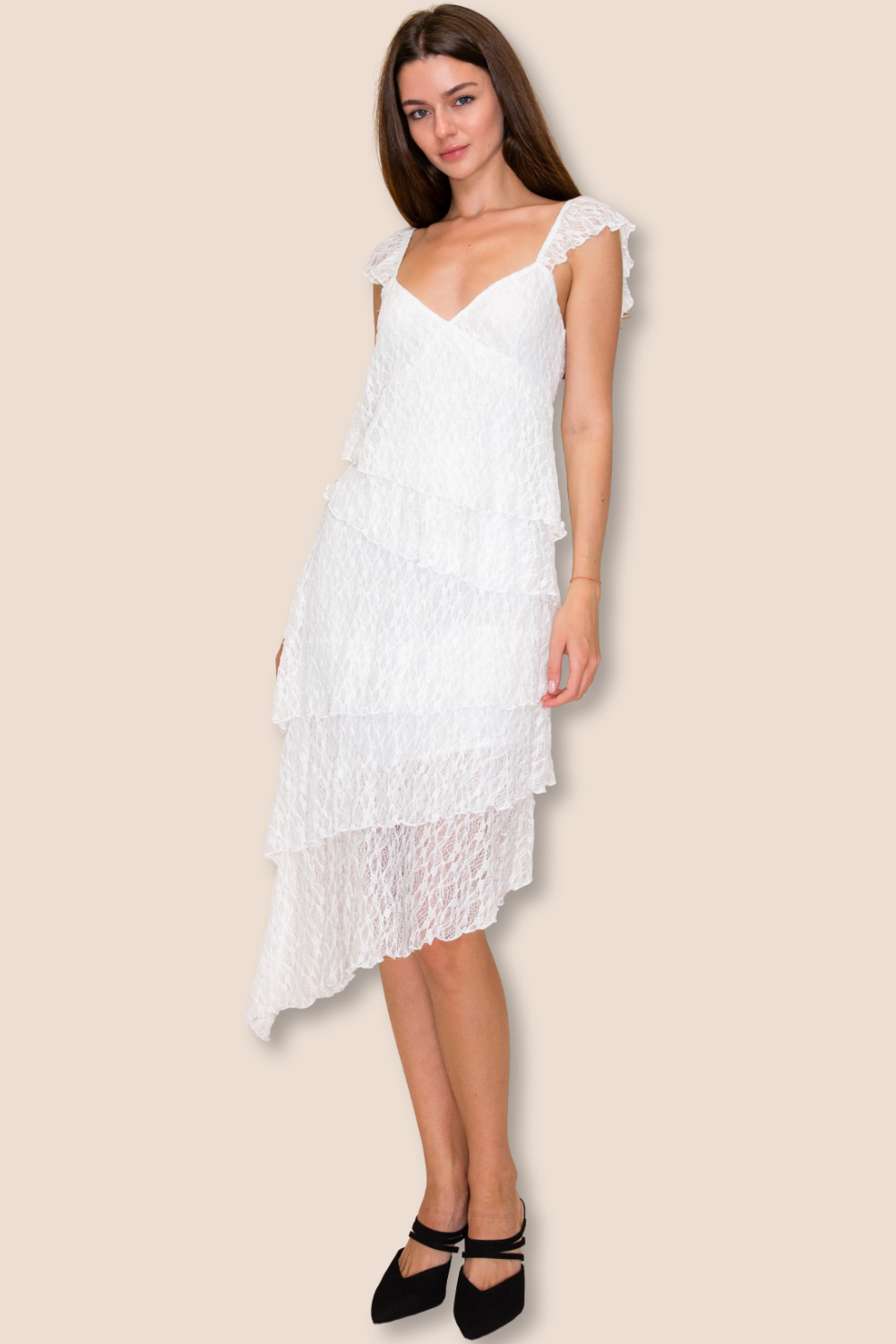 Stevie Lace Asymmetrical Midi Dress with Cap Sleeves
