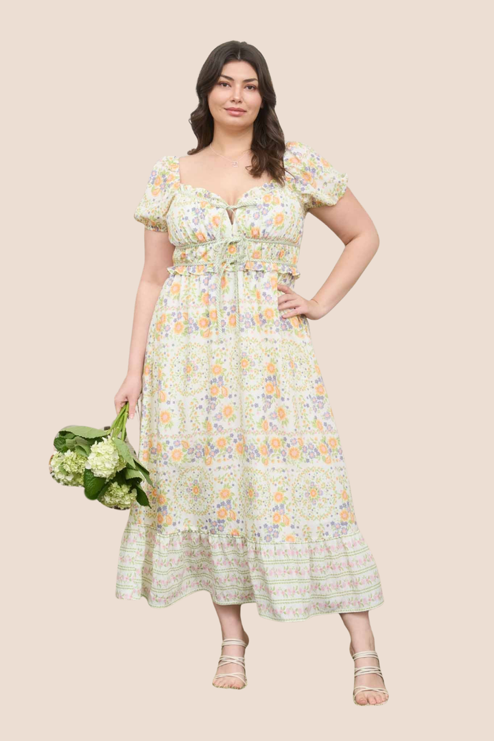 Hope Floral Sweetheart Front Tie Puff Sleeve Midi Dress