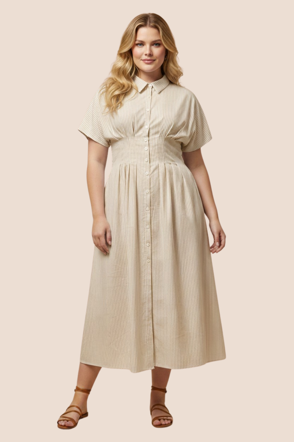 Willa Button Down Pintucked Waist Midi Dress