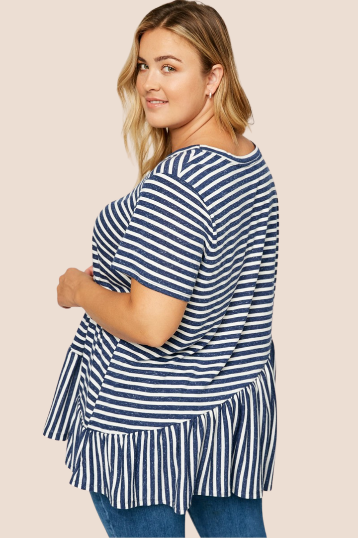 Kathy Short Sleeve Asymmetrical Striped Peplum Top